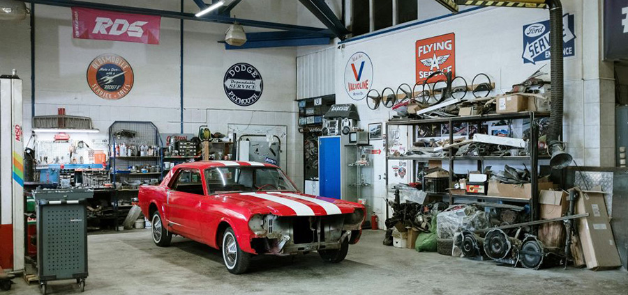 Red car in a garage