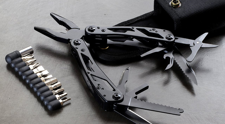 Black pocket multi tool with holster