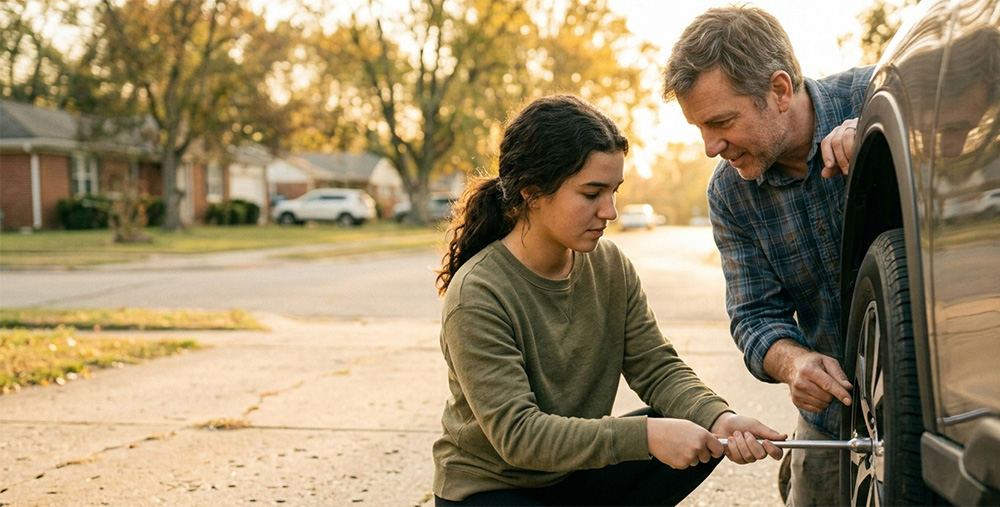 Teen driving skills include learning how to change a flat tire with a parent coaching nearby