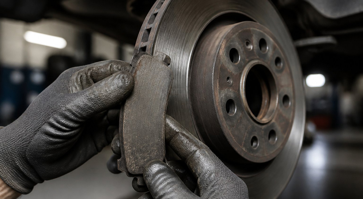 Worn brake pad inspected during a car service check