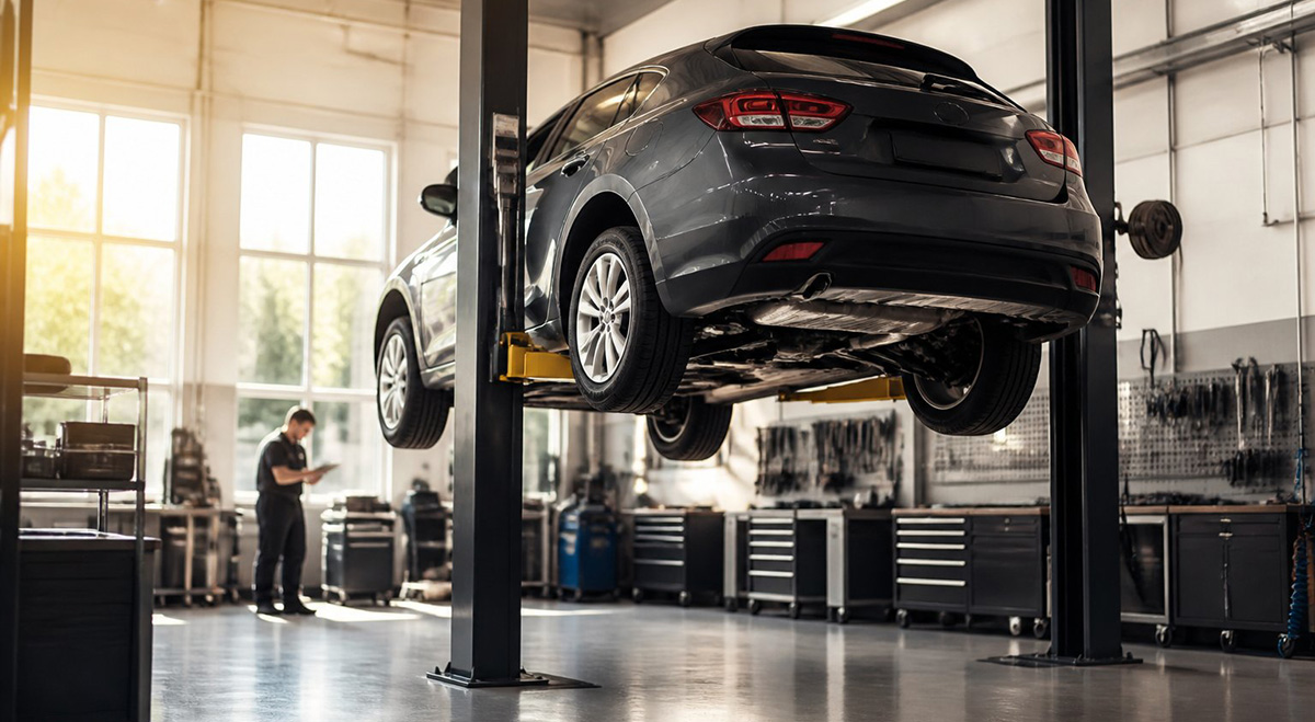 Car raised on a lift during a regular car servicing appointment