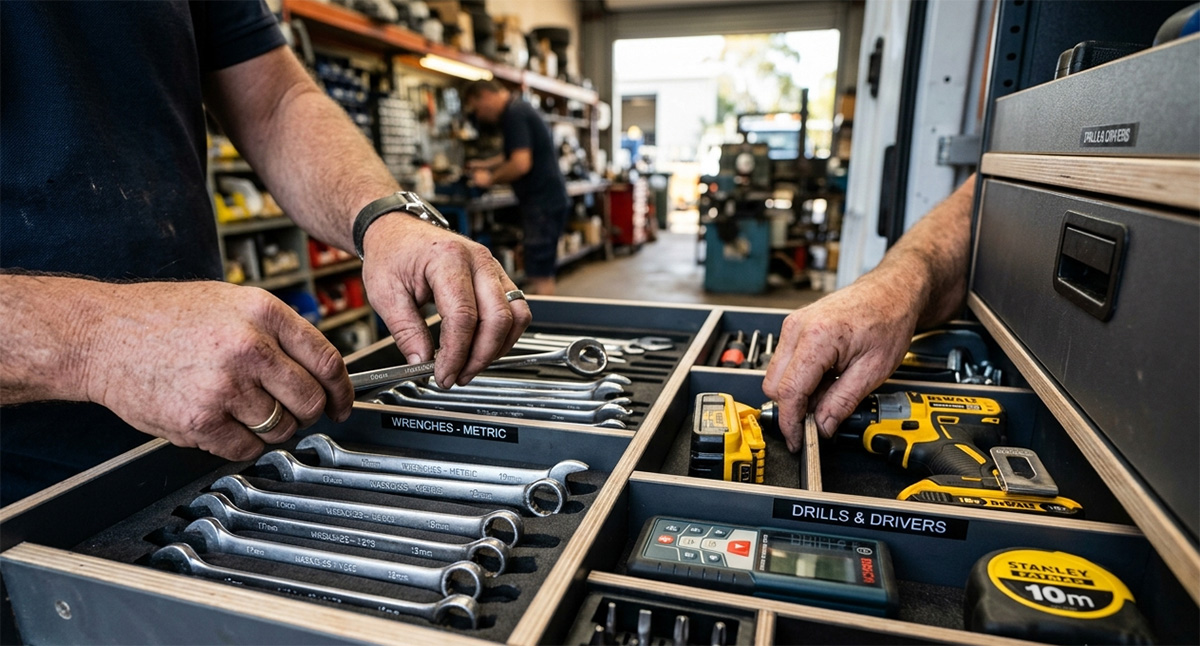 Tradie organizing tools in a custom vehicle fit-out with labeled compartments for efficiency