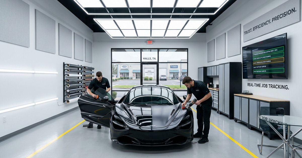 PPF shop interior with a luxury car wrapped in protective film and digital job tracking
