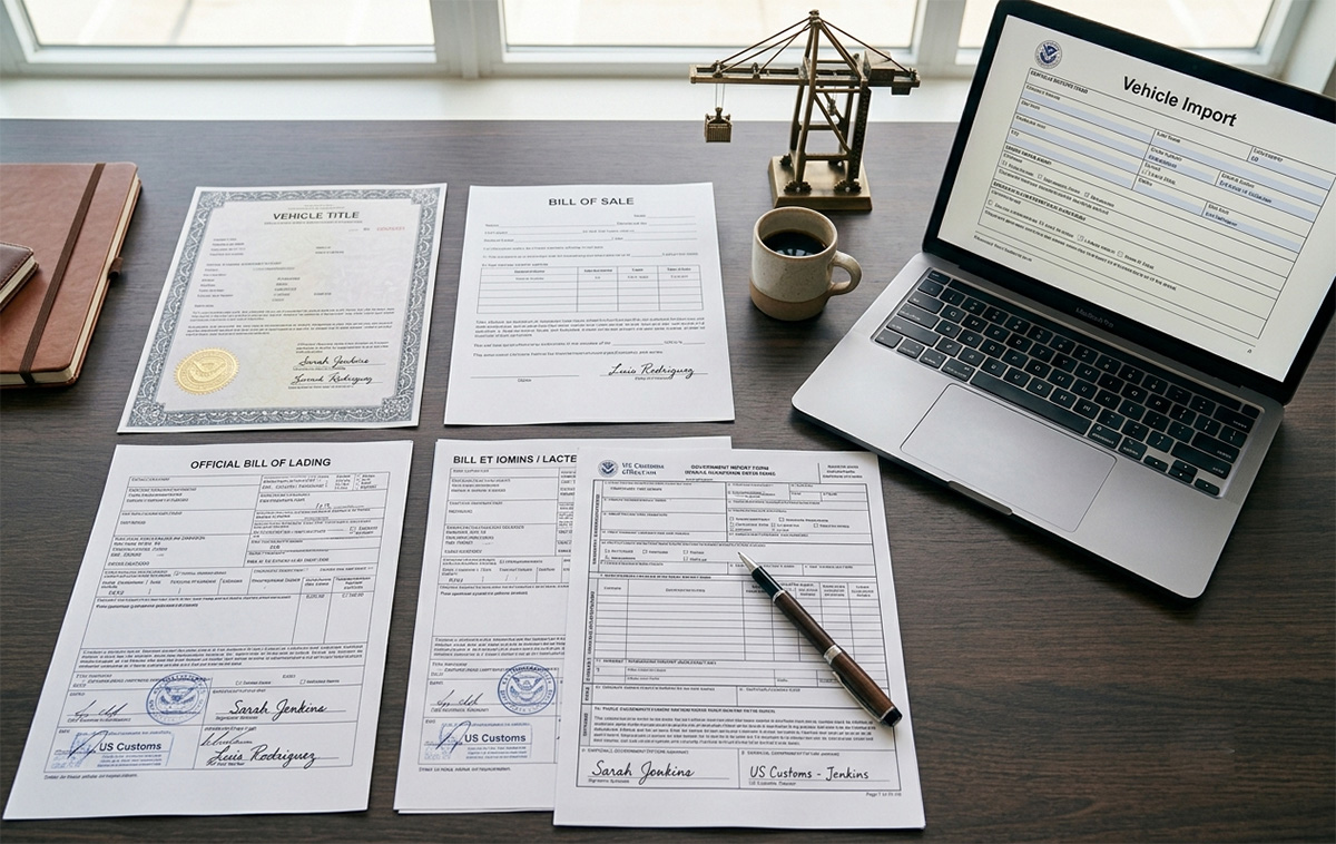Vehicle import documents required for customs brokerage clearance, including title and bill of sale
