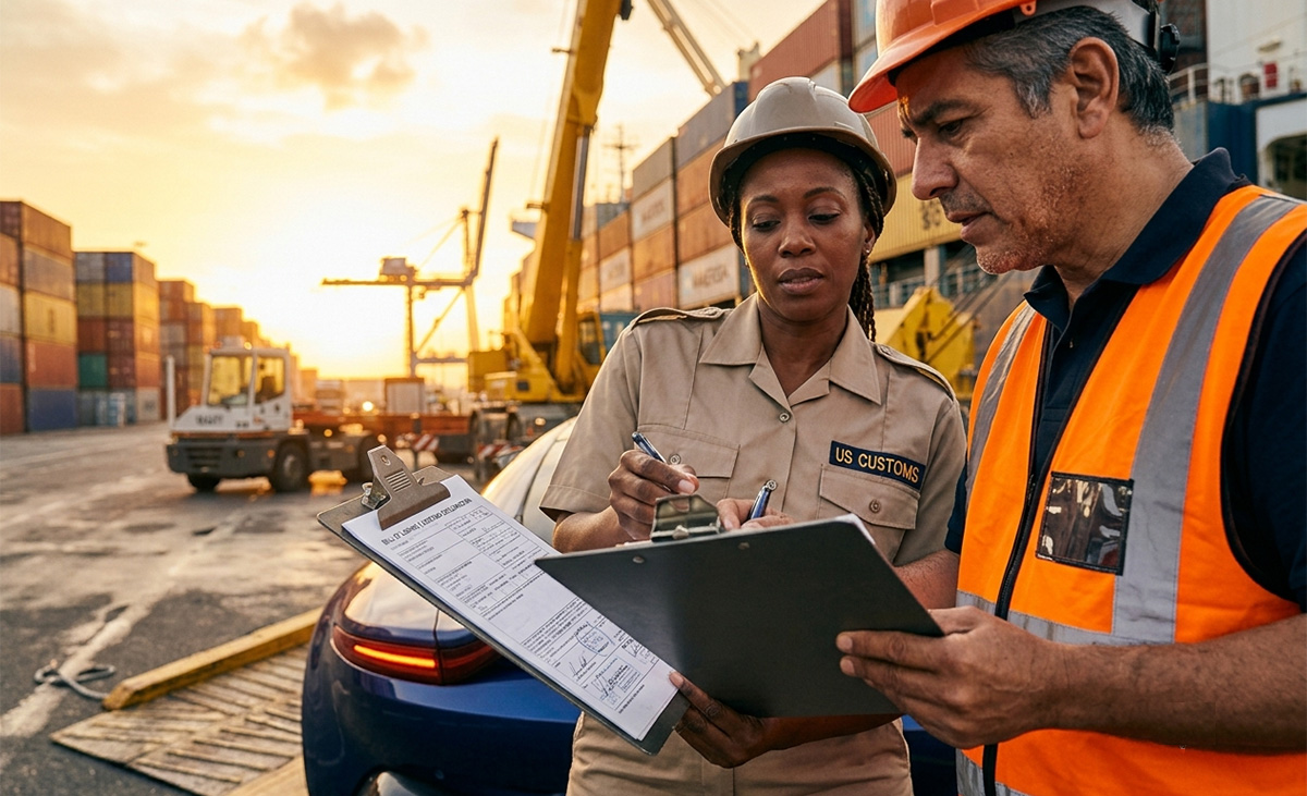 Customs broker reviewing vehicle import documents with official at port terminal