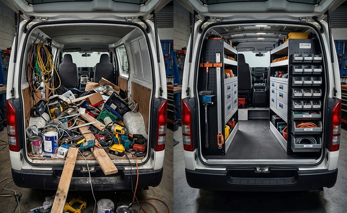 Comparison of a disorganized van versus a custom vehicle fit-out for tradies with secure storage.