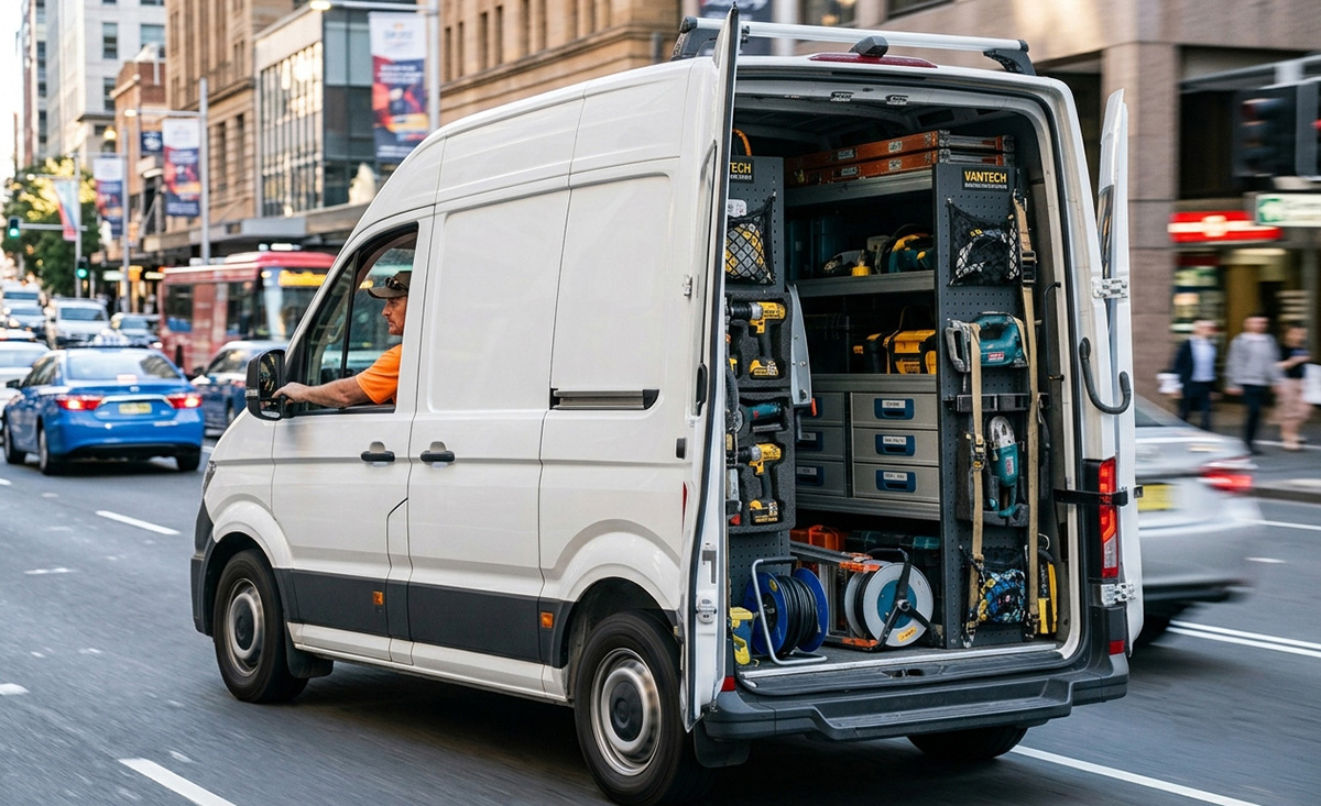 Tradie driving a custom-fitted van with secure load restraint systems for safety and compliance.
