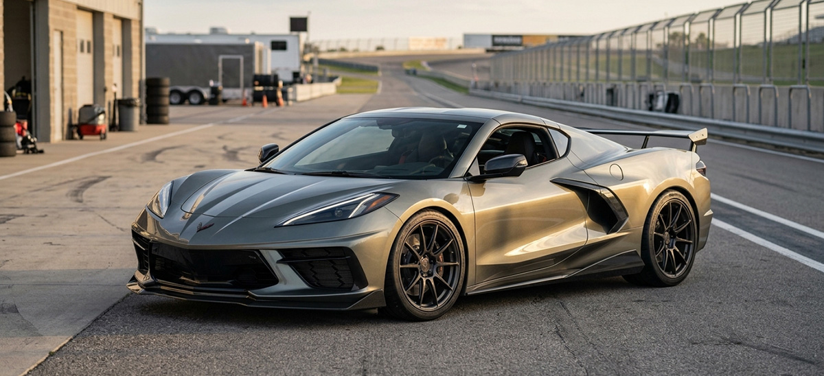 C8 Corvette with performance upgrades parked at a road course pit lane