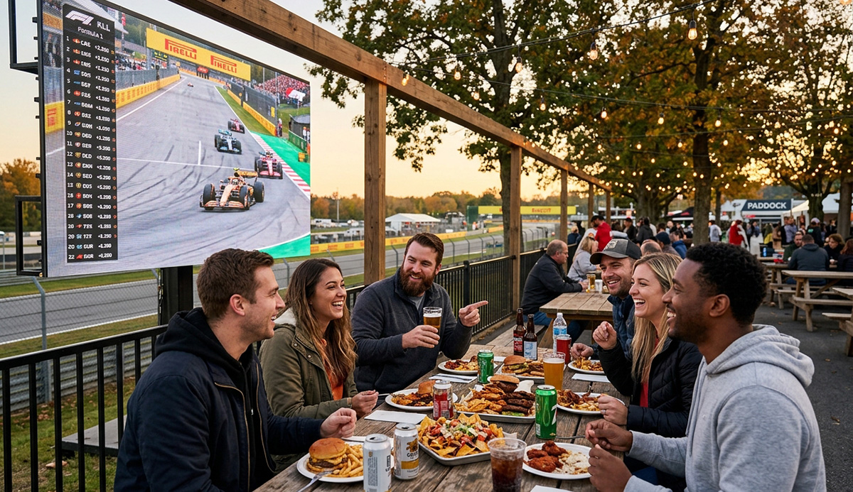 Friends sharing a meal, a favorite part of dining near Road America on race day