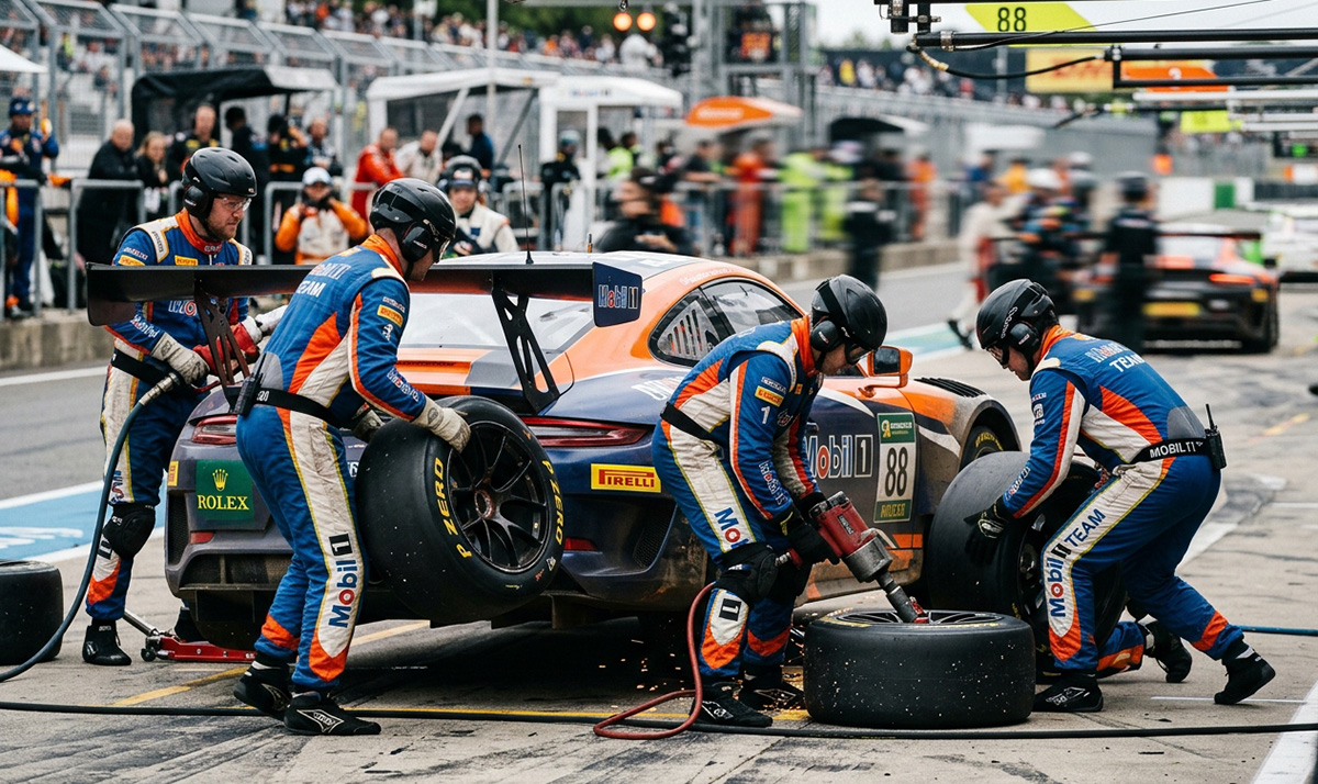 Pit crew working during race day experience at the track